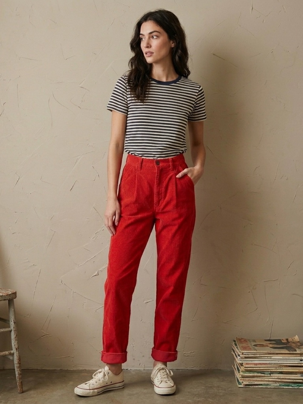 Vtg SMACS 80s High Waist Red Corduroy Pants 25x30 Tapered Mom Pant USA Raw Hem